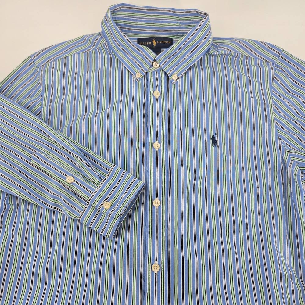 Ralph Lauren Striped Button Down Shirt XL 18-20 Blue Green Cotton Long Sleeve